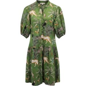 Fox & Hen Midi Dress Green Jungle Animal Print Tiered Safari Tag XL (Runs Sm)